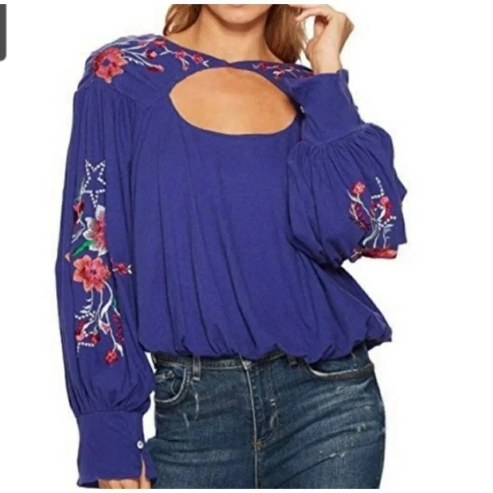 Free People Lita Embroidered Balloon Sleeve Top Women's Size S.